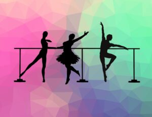 silhouette of dancers at the barre against a colorful backdrop