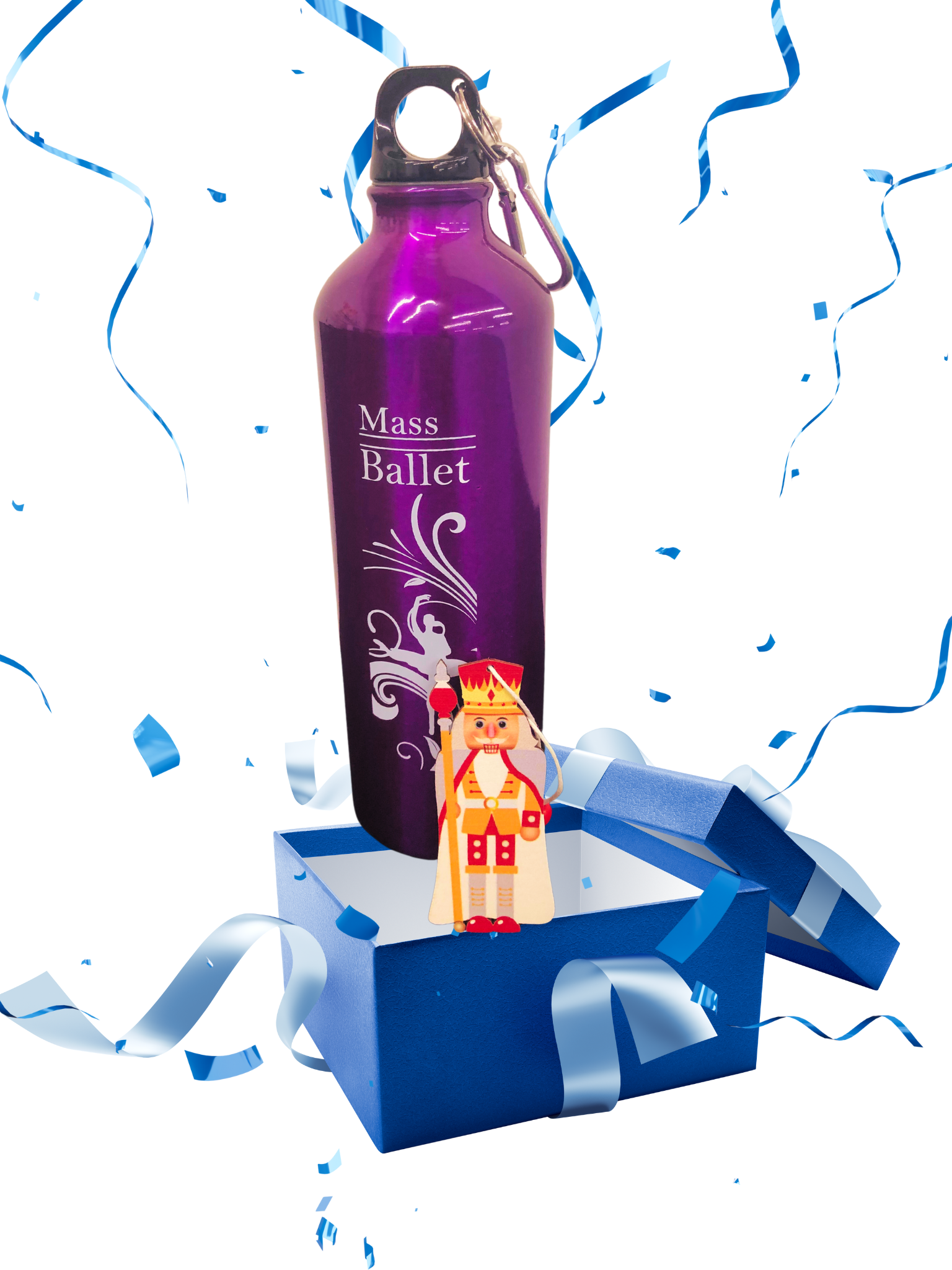 Image of a purple water bottle with Mass Ballet logo and a Nutcracker ornament inside a blue gift box.
